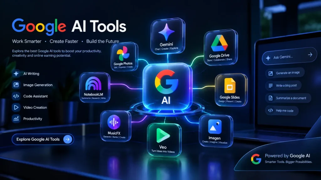 aiearntoolsub.com complete guide banner displaying Google AI tools and Gemini architecture.