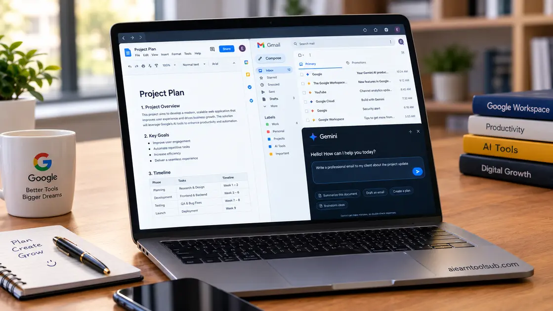 A laptop display showcasing Google Workspace productivity features and AI drafting tools by aiearntoolsub.com.