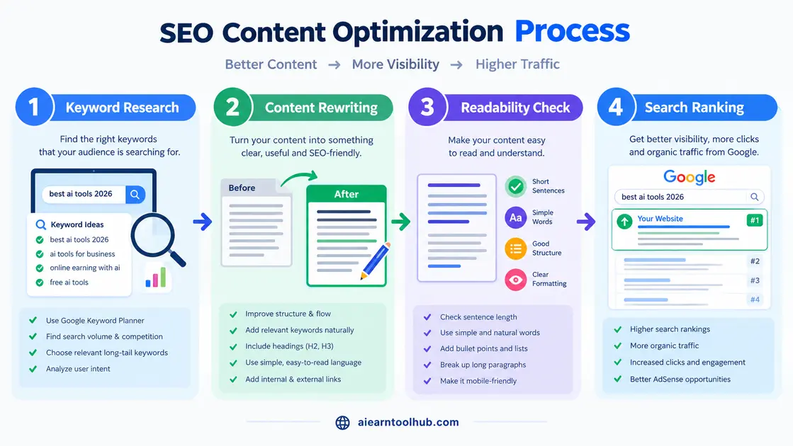 SEO content rewriting and optimization process workflow diagram free AI article rewriter
