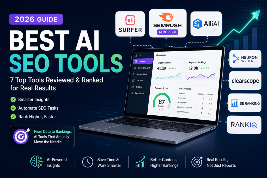 Best AI SEO tools 2026 comparison showing Surfer, Semrush Copilot, Alli AI, NeuronWriter, Clearscope, SE Ranking, and RankIQ with dashboard analytics and ranking growth visualization
