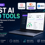 Best AI SEO tools 2026 comparison showing Surfer, Semrush Copilot, Alli AI, NeuronWriter, Clearscope, SE Ranking, and RankIQ with dashboard analytics and ranking growth visualization