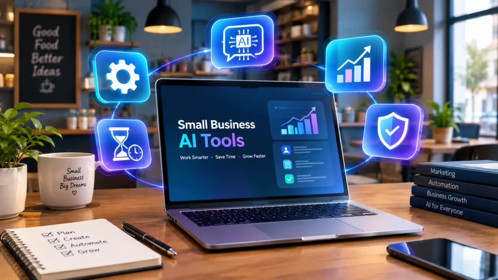 A modern minimalist small business workspace featuring a sleek laptop with glowing holographic 3D icons representing AI tools for small business productivity.