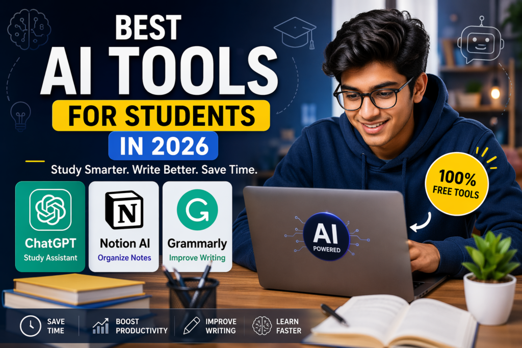 Best AI tools for students in 2026 including ChatGPT, Notion AI, and Grammarly for studying, writing, and productivity