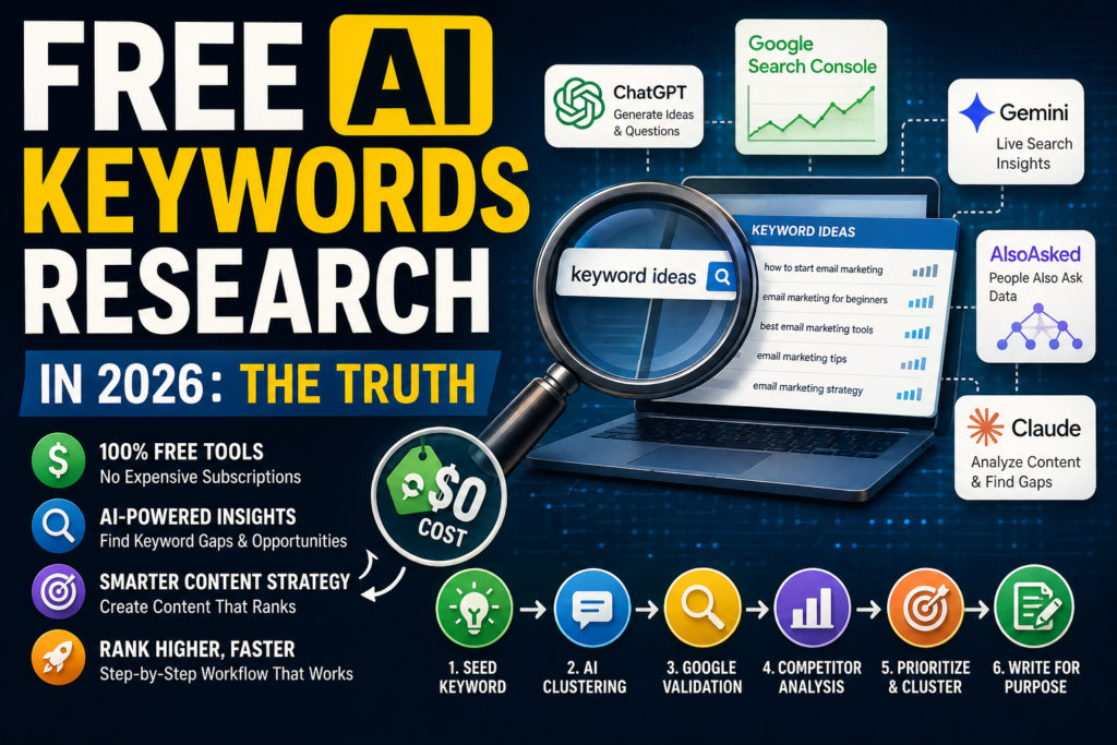 Free AI keyword research in 2026 workflow showing ChatGPT, Google Search Console, Gemini, AlsoAsked, and Claude for finding and clustering keywords without paid tools