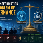 AI Transformation Is a Problem of Governance infographic showing a balance scale between AI technology and governance, highlighting leadership, accountability, ethics, transparency, monitoring, and business success