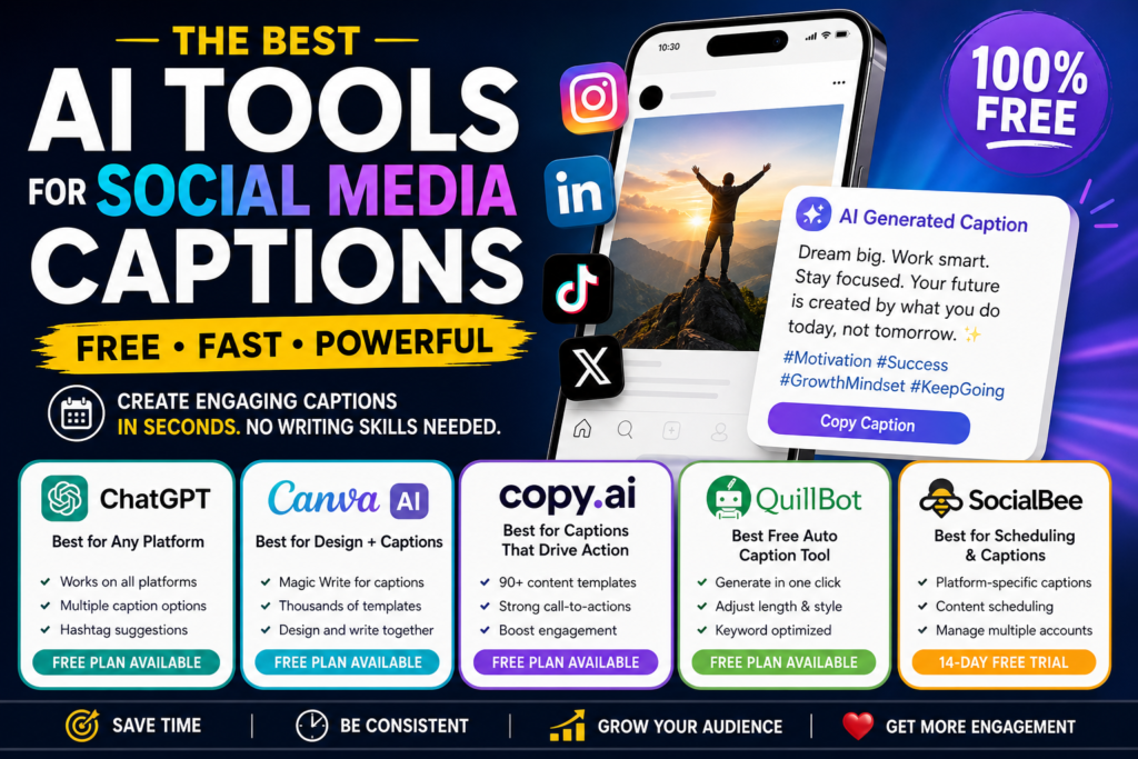 Best free AI tools for social media captions in 2026 including ChatGPT, Canva AI, Copy.ai, QuillBot, and SocialBee