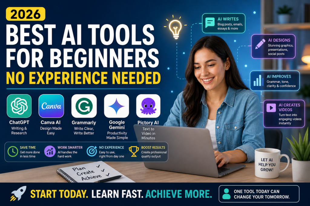Top AI tools for beginners in 2026 including ChatGPT, Canva AI, Grammarly, Google Gemini, and Pictory AI with no experience required