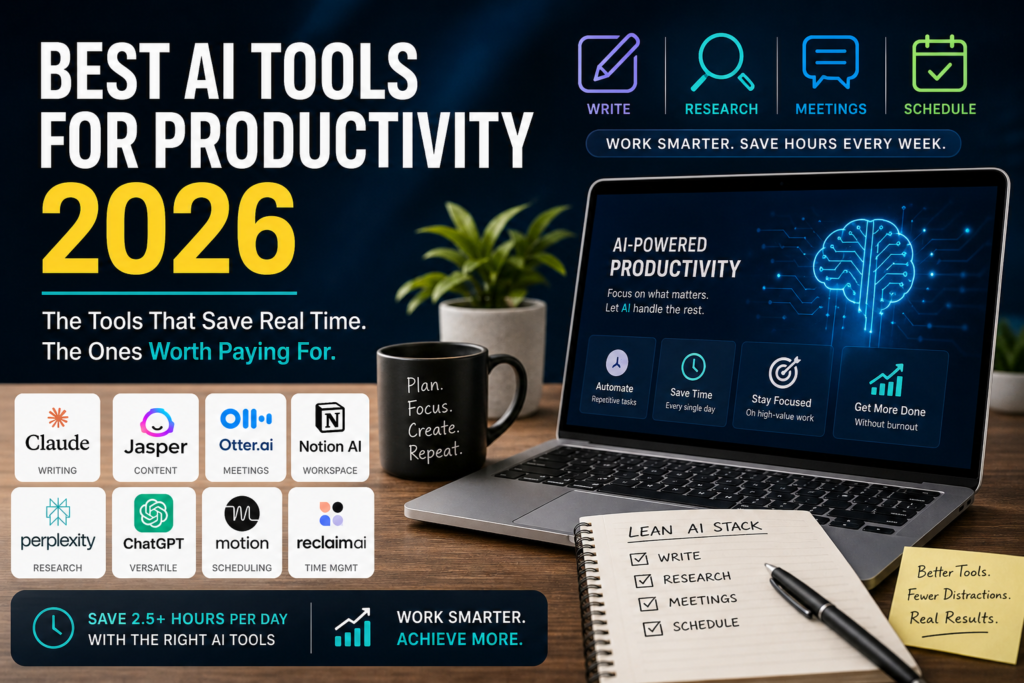 Best AI tools for productivity in 2026 including ChatGPT, Claude, Perplexity, Otter.ai, Notion AI, Motion, and Reclaim for writing, research, meetings, and scheduling