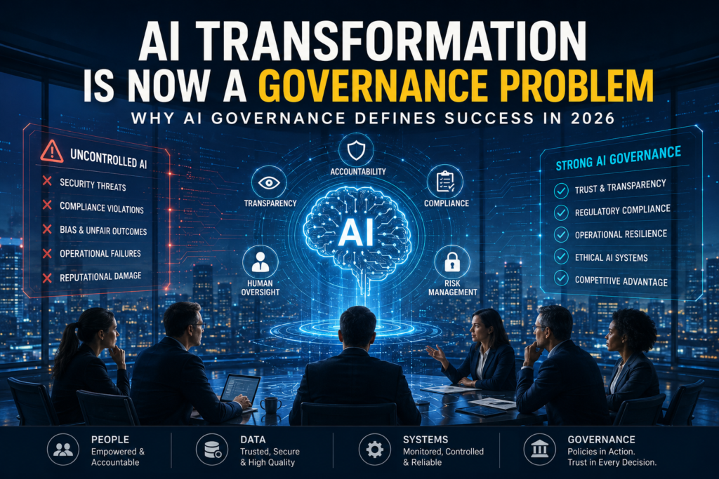 AI transformation governance in 2026 with autonomous AI systems, compliance monitoring, accountability, risk management, and enterprise AI oversight concepts.