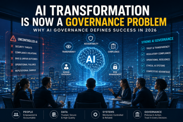 AI transformation governance in 2026 with autonomous AI systems, compliance monitoring, accountability, risk management, and enterprise AI oversight concepts.