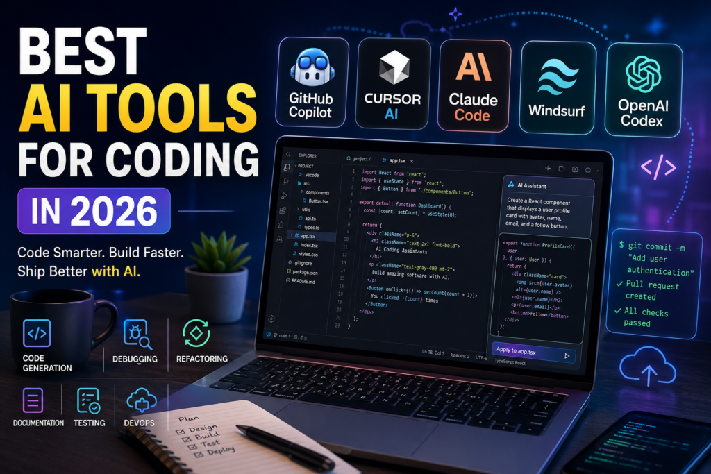 best AI tools for coding in 2026, including GitHub Copilot, Cursor AI, Claude Code, Windsurf, and OpenAI Codex displayed above a modern laptop with AI-assisted code generation, debugging, refactoring, testing, and DevOps visuals.