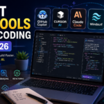 best AI tools for coding in 2026, including GitHub Copilot, Cursor AI, Claude Code, Windsurf, and OpenAI Codex displayed above a modern laptop with AI-assisted code generation, debugging, refactoring, testing, and DevOps visuals.