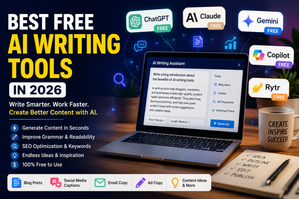 Best Free AI Writing Tools in 2026” showing a laptop with an AI writing assistant dashboard alongside logos of ChatGPT, Claude, Gemini, Copilot, and Rytr.