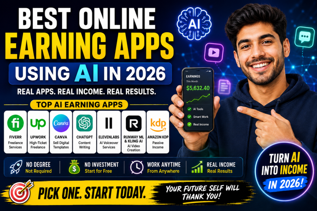 Best online earning apps using AI in 2026 including Fiverr, Upwork, Canva, ChatGPT, ElevenLabs, Runway ML, and Amazon KDP for making money online with AI tools.
