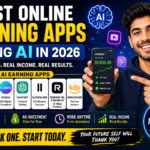 Best online earning apps using AI in 2026 including Fiverr, Upwork, Canva, ChatGPT, ElevenLabs, Runway ML, and Amazon KDP for making money online with AI tools.