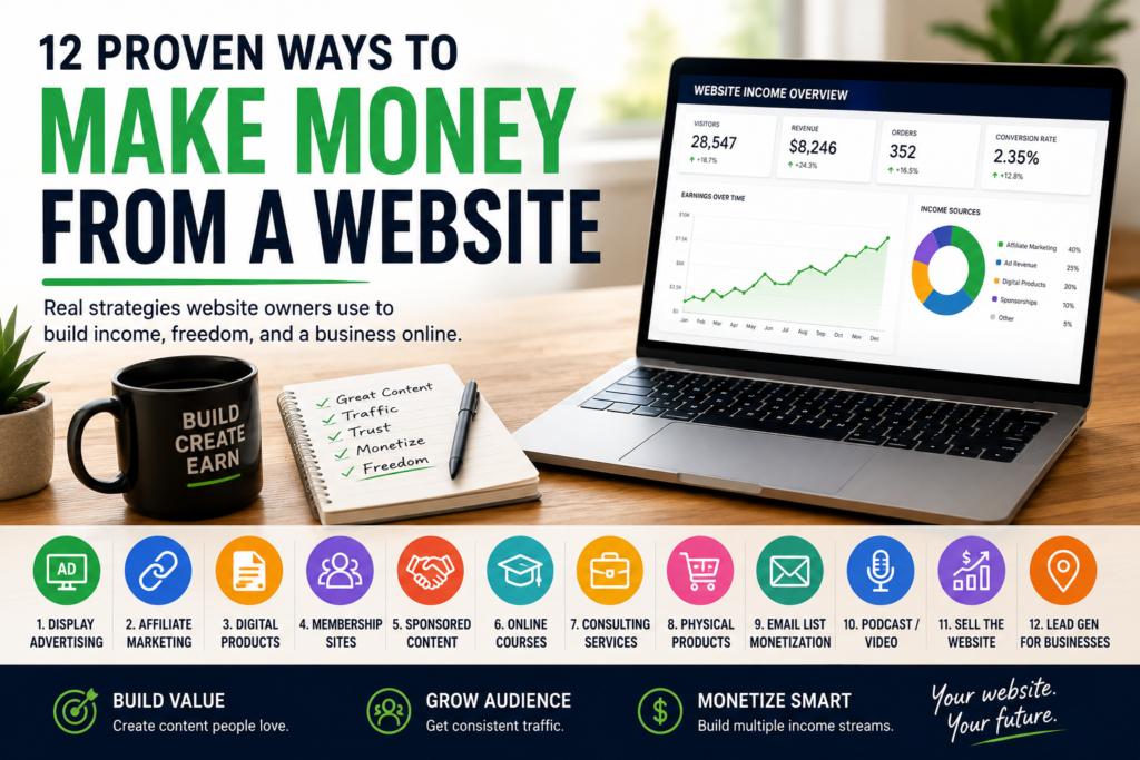 12 proven ways to make money from a website, including display advertising, affiliate marketing, digital products, memberships, online courses, consulting, eCommerce, email marketing, podcasting, website flipping, and lead generation