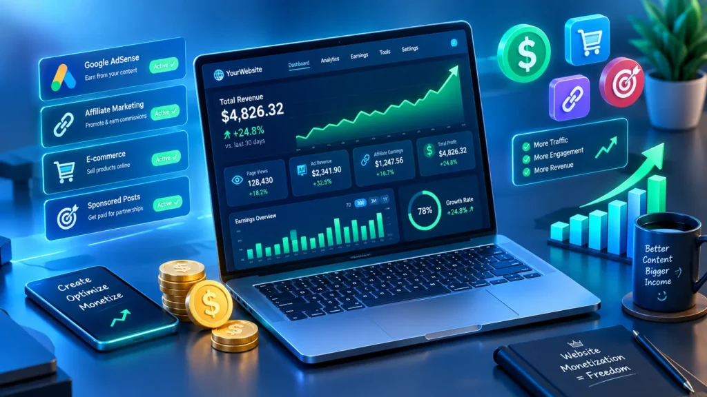 Digital dashboard showing website monetization strategies and analytics graphs