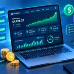 Digital dashboard showing website monetization strategies and analytics graphs