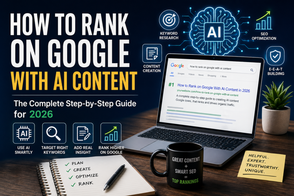 How to rank on Google with AI content in 2026 step-by-step SEO guide with keyword research, content optimization, and E-E-A-T strategy visuals