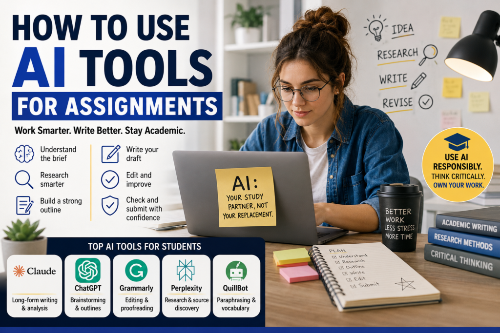 Student using AI tools on a laptop for academic assignments with icons for research, outlining, writing, editing, and proofreading alongside popular AI tools including Claude, ChatGPT, Grammarly, Perplexity AI, and QuillBot.