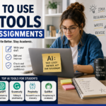 Student using AI tools on a laptop for academic assignments with icons for research, outlining, writing, editing, and proofreading alongside popular AI tools including Claude, ChatGPT, Grammarly, Perplexity AI, and QuillBot.