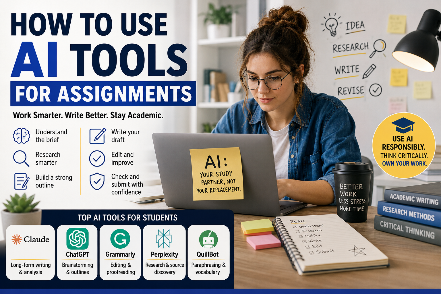 Student using AI tools on a laptop for academic assignments with icons for research, outlining, writing, editing, and proofreading alongside popular AI tools including Claude, ChatGPT, Grammarly, Perplexity AI, and QuillBot.
