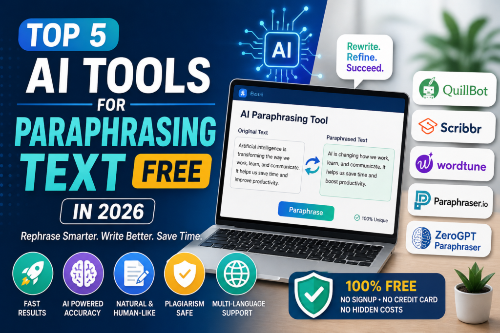 Top 5 free AI paraphrasing tools in 2026 showing QuillBot, Scribbr, Wordtune, Paraphraser.io, and ZeroGPT with a laptop displaying text rewriting interface and key features like fast results, AI accuracy, and plagiarism-free content.