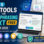 Top 5 free AI paraphrasing tools in 2026 showing QuillBot, Scribbr, Wordtune, Paraphraser.io, and ZeroGPT with a laptop displaying text rewriting interface and key features like fast results, AI accuracy, and plagiarism-free content.
