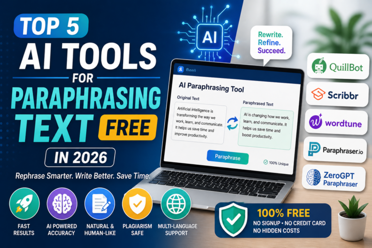 Top 5 free AI paraphrasing tools in 2026 showing QuillBot, Scribbr, Wordtune, Paraphraser.io, and ZeroGPT with a laptop displaying text rewriting interface and key features like fast results, AI accuracy, and plagiarism-free content.
