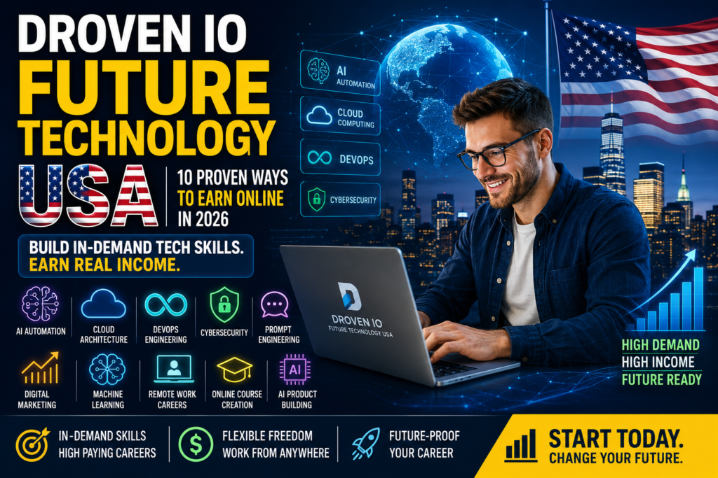 Droven io Future Technology USA feature image highlighting AI, cloud computing, DevOps, cybersecurity, and online earning opportunities in the USA for 2026