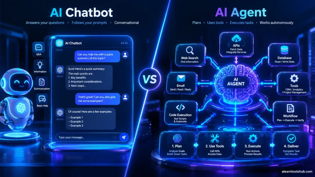 AI Agents vs Chatbots: Key Differences & 2026 Comparison Guide 5 ai agents vs chatbots architectural comparison visual showing conversational vs autonomous systems