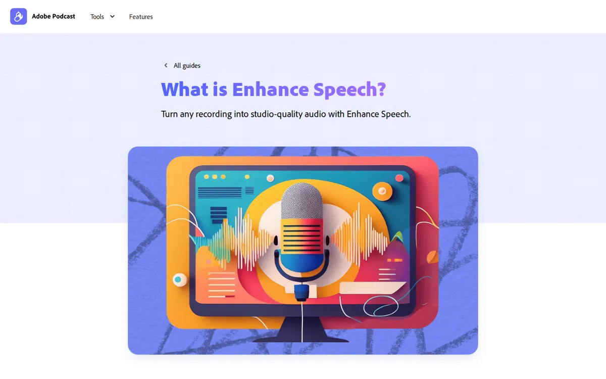 Adobe Podcast Enhance Speech guide page for the AI audio enhancer, showing a microphone illustration and the headline What is Enhance Speech?