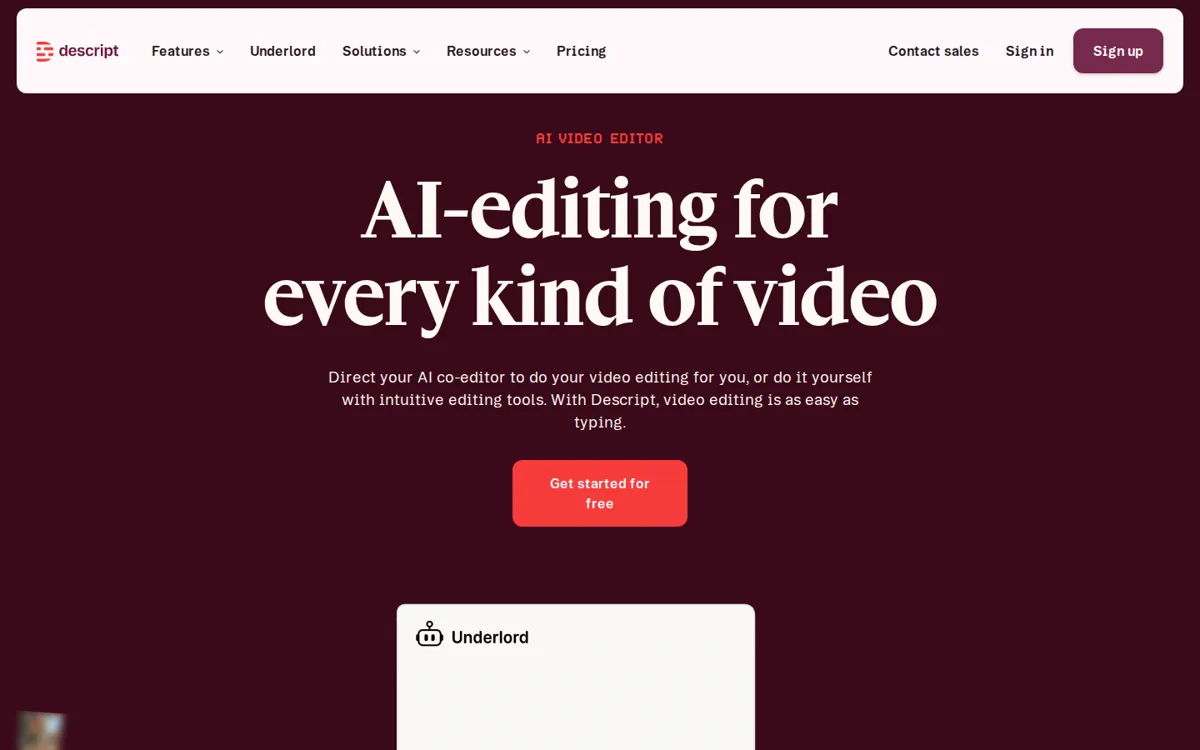 Descript homepage hero for the AI audio enhancer, showing its AI video editing platform and a Get started for free button