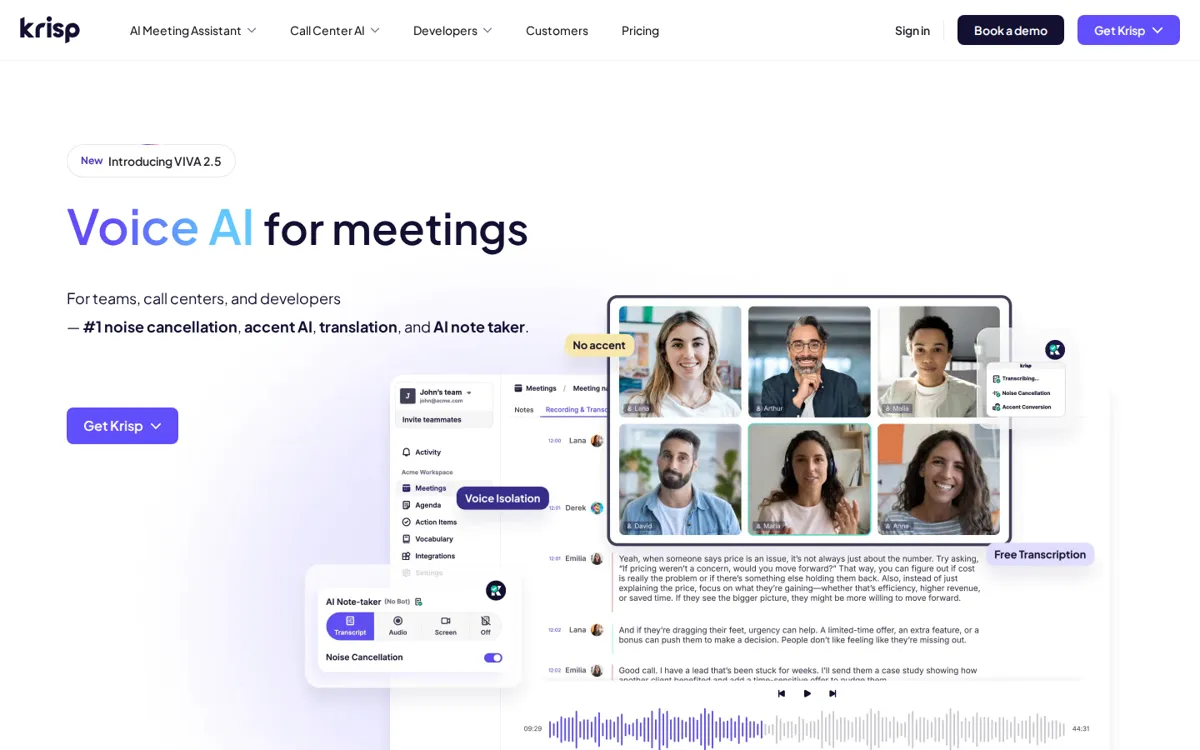 Krisp homepage hero for the AI audio enhancer, showing Voice AI for meetings with noise cancellation and voice isolation features