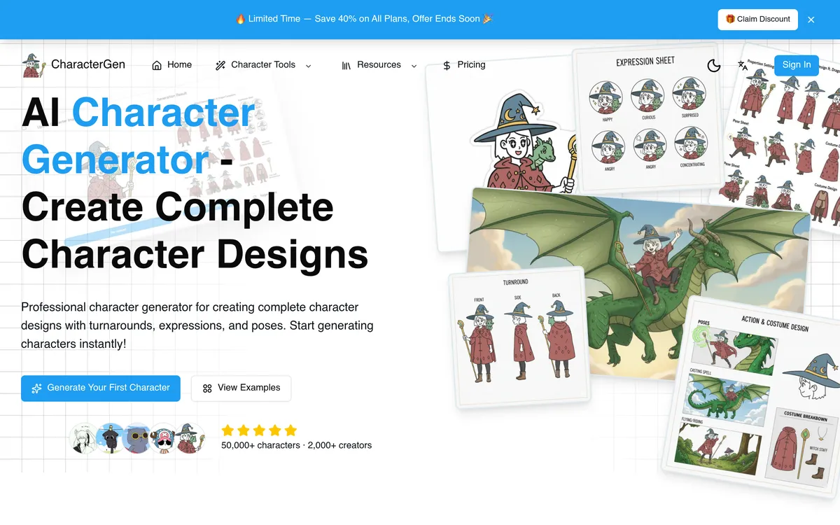 AI character generator tools compared — CharacterGen homepage showing its character design tool