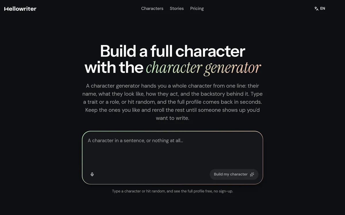 HelloWriter AI character generator homepage with its one-line character input box