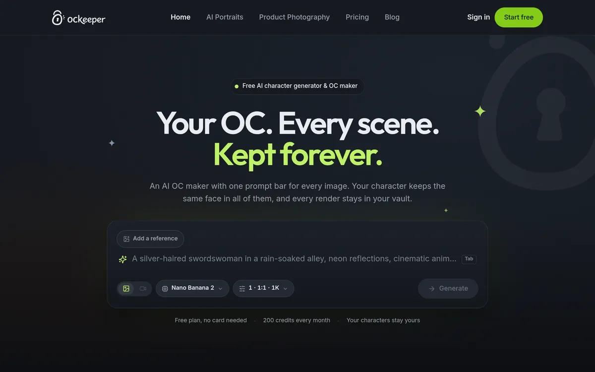 OCKeeper AI character generator showing its consistent-character vault and credit pricing