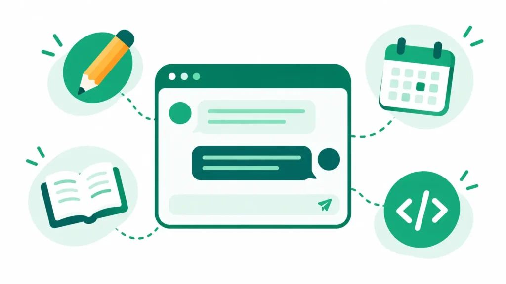 AI ChatGPT overview showing a chat window with writing, learning, planning and coding icons
