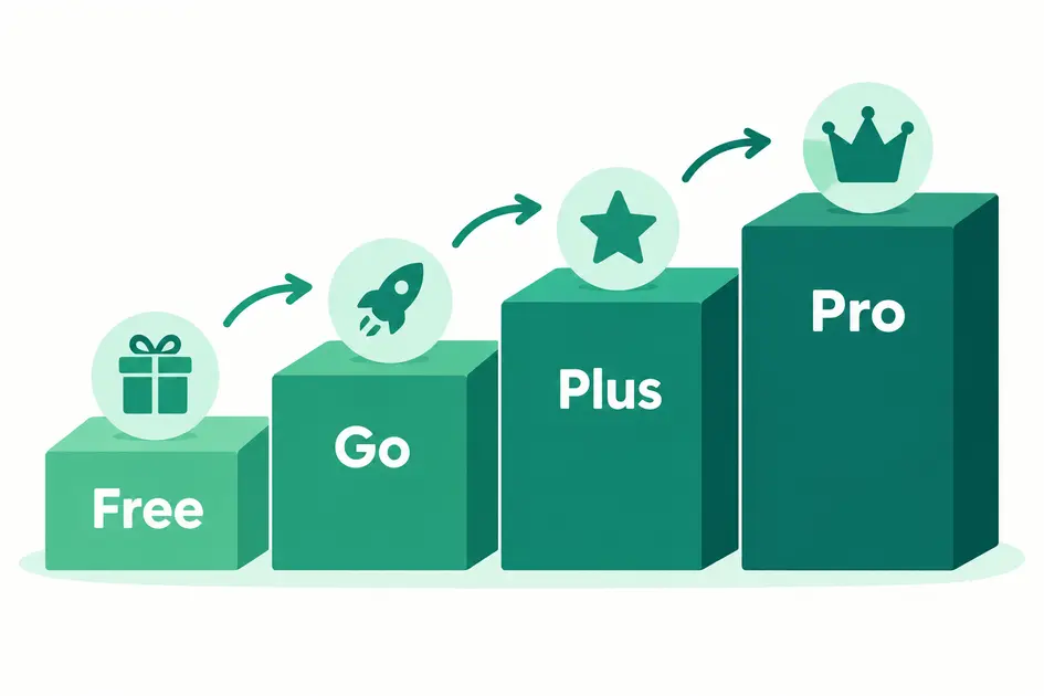 AI ChatGPT plans chart comparing Free, Go, Plus and Pro by price and usage limits