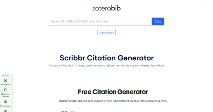 ZoteroBib, Scribbr, and QuillBot citation generator interfaces side by side — free AI citation generator tools for APA 7 and MLA 9 bibliographies