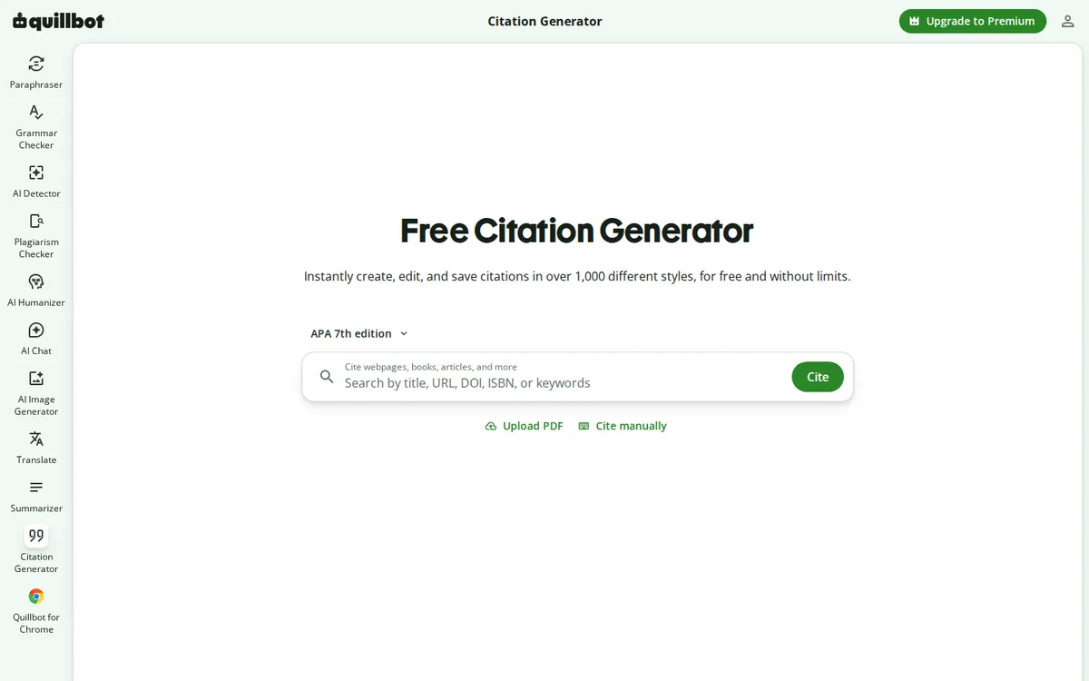QuillBot's free citation generator interface with APA 7th edition selected and search by title, URL, DOI, or ISBN