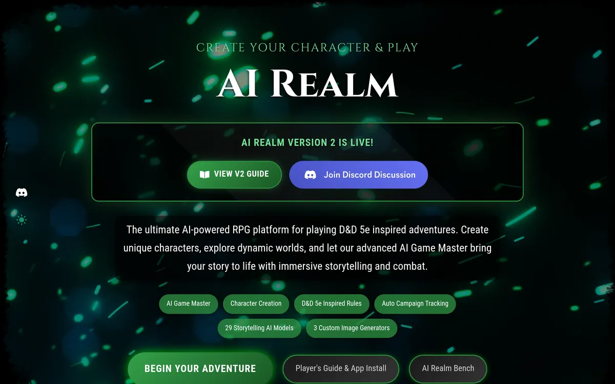 AI Dungeon Master: 7 Best Tools to Play D&D Without a DM (2026) 10 AI Realm homepage for the AI dungeon master, showing Create Your Character and Play with D&D 5e inspired adventures