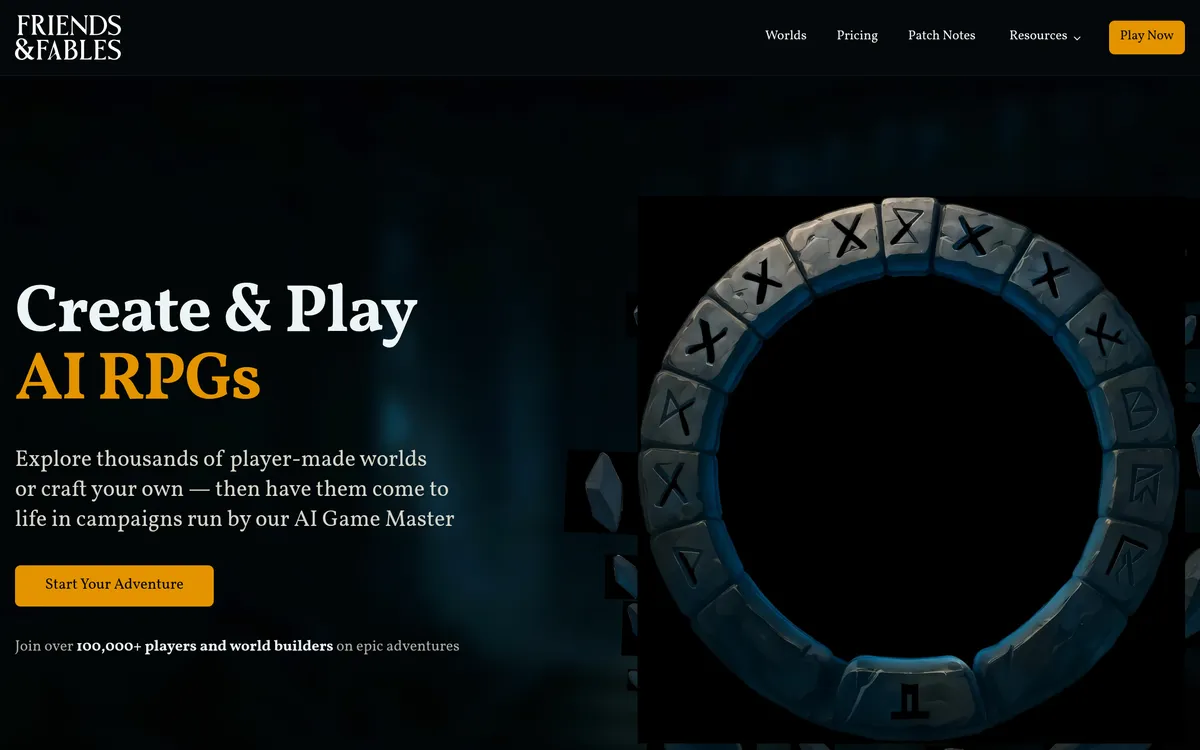 AI Dungeon Master: 7 Best Tools to Play D&D Without a DM (2026) 9 Friends & Fables homepage for the AI dungeon master, showing Create and Play AI RPGs with thousands of player-made worlds