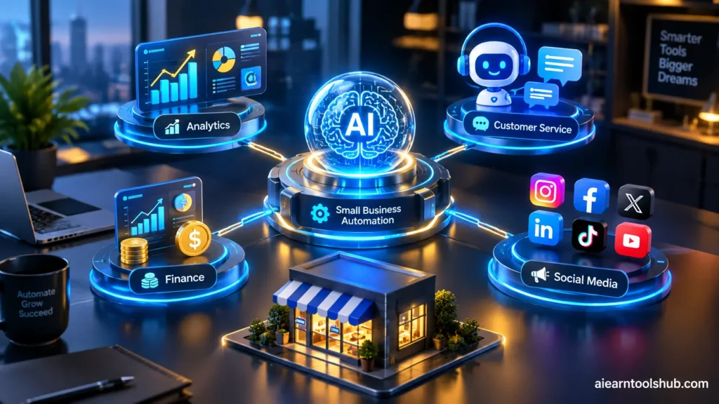 AI for small business automation dashboard analyzing sales growth and customer support data