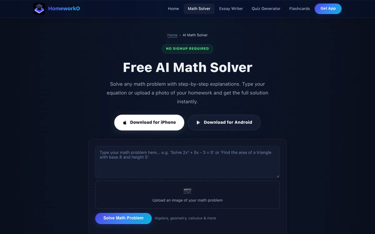 HomeworkO AI math solver showing a step-by-step solution for a maths problem