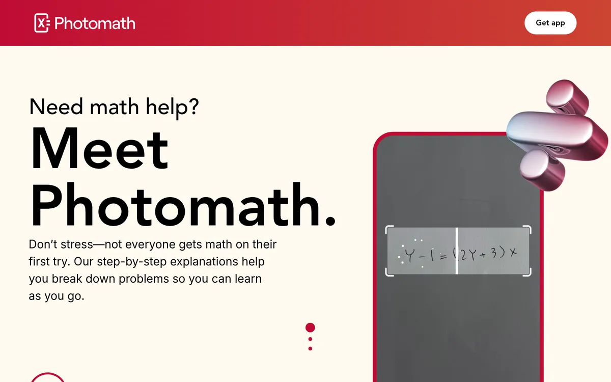AI math solver tools compared — Photomath homepage showing its camera-based solver