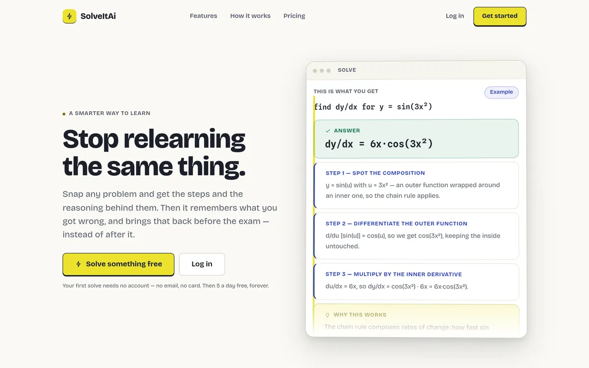 SolveItAi AI math solver showing steps and reasoning for a calculus problem