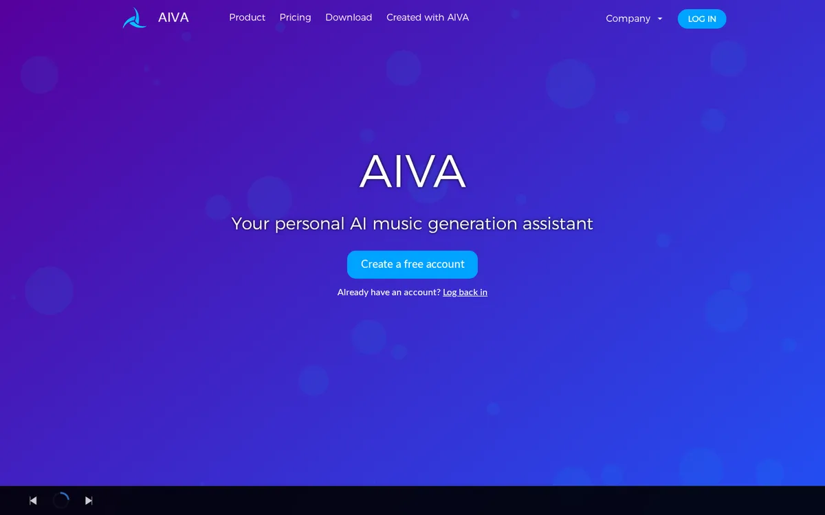 AIVA homepage for the AI music generator, showing the AI music generation assistant for cinematic scores