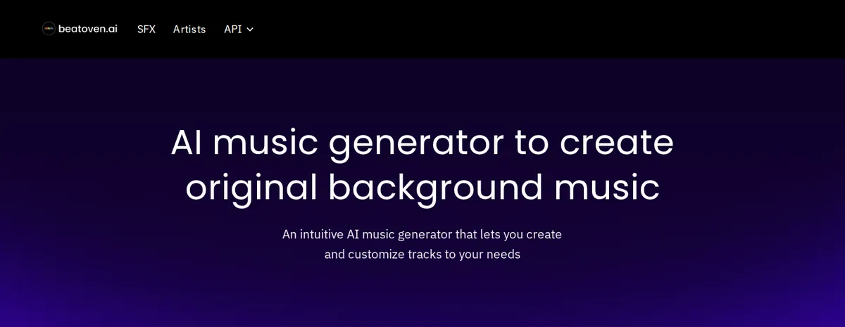 Beatoven.ai homepage for the AI music generator, showing the text-to-music tool for video background music