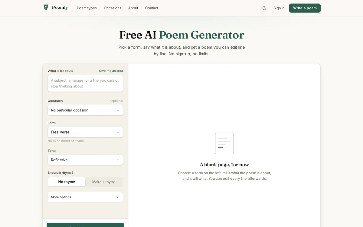 AI Poem Generator: 7 Best Tools for Every Occasion (2026) 6 Poemly homepage for the AI poem generator, showing the free poem generator with form selection